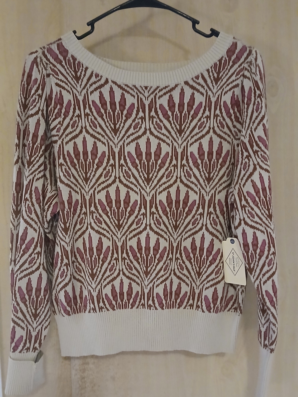 St. John's Bay Cream and Mauve Geometric Knit Sweater